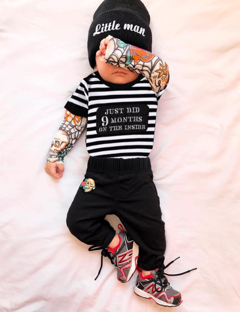 Fommy Baby Boy Clothes 3-6 Months Fake Tattoo Sleeve Just Did 9 Months On The Inside Baby Rockabilly Long Sleeve Romper +Little Man Hat + Skull Pant 3PCS Baby Boy Outfits - Image 3